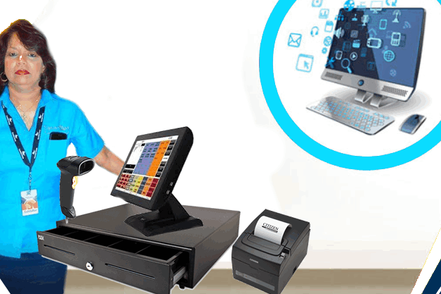 A SystemAid technician beside a complete POS setup - touchscreen, barcode scanner, cash drawer and receipt printer