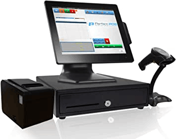 Complete terminal bundle Mini PC, touchscreen display, cash drawer and printer, set up as one POS